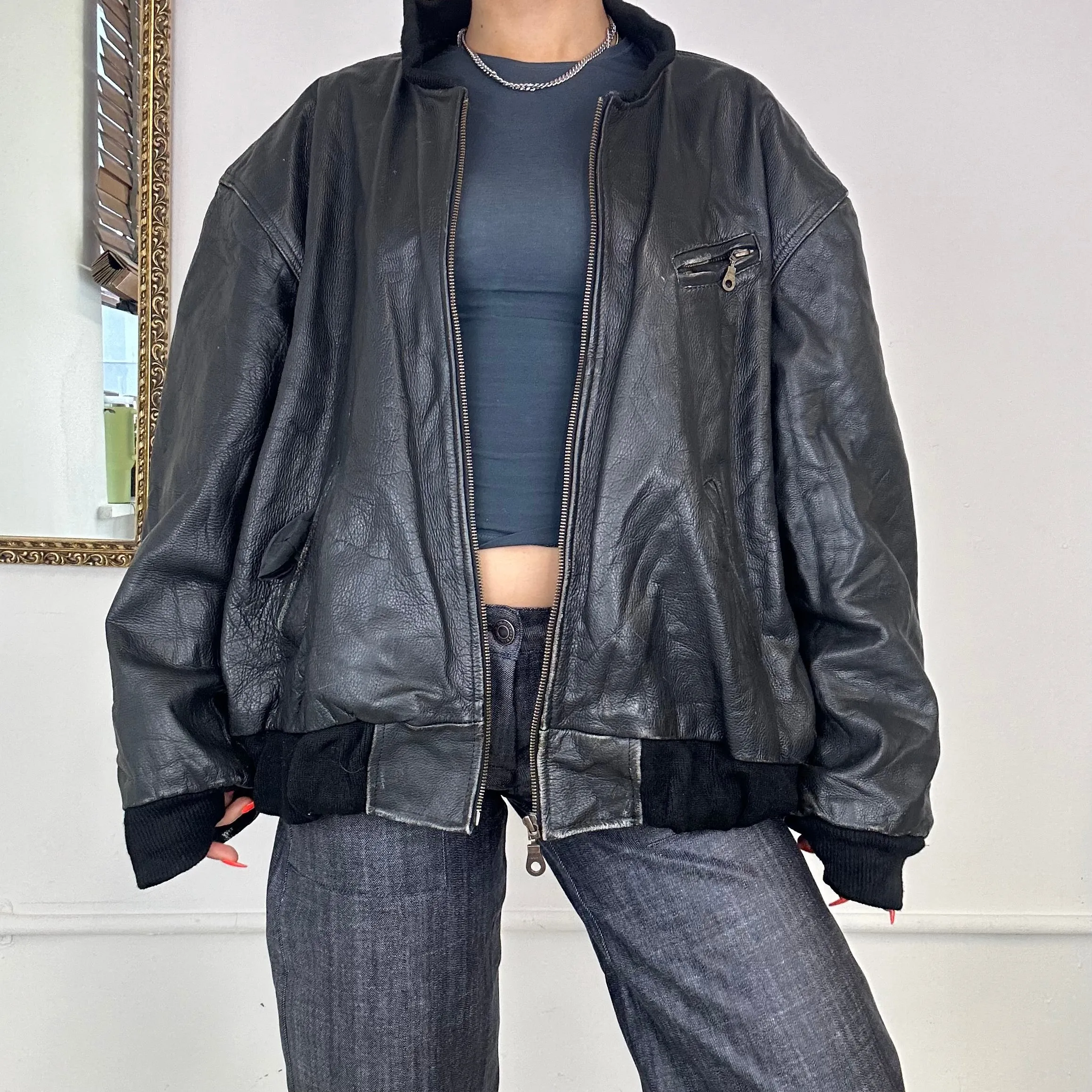 vintage black leather bomber