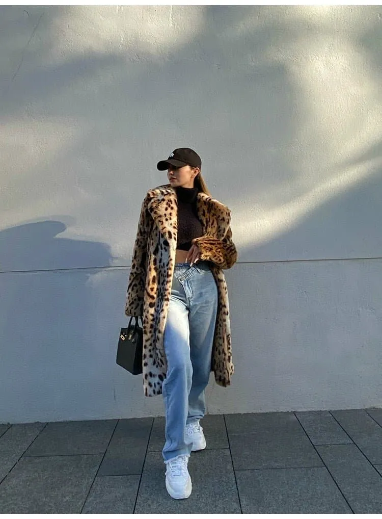 Winter Leopard Print Faux Fur Coat