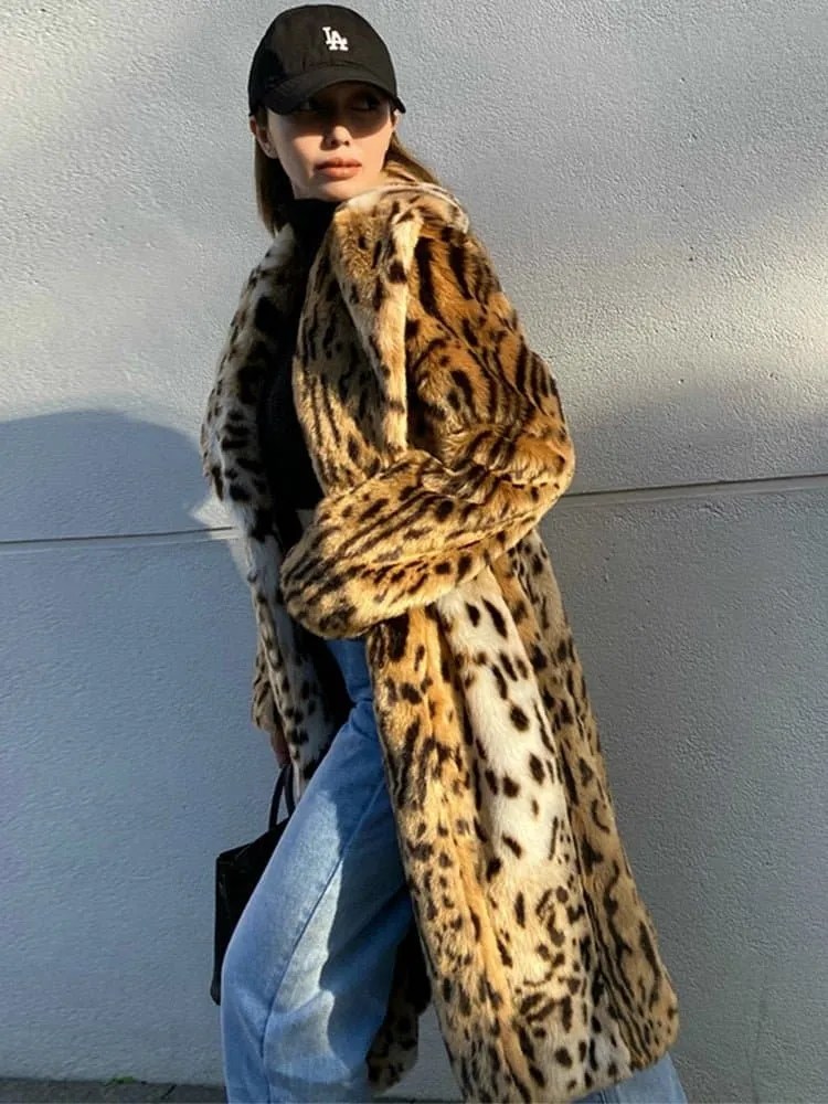 Winter Leopard Print Faux Fur Coat