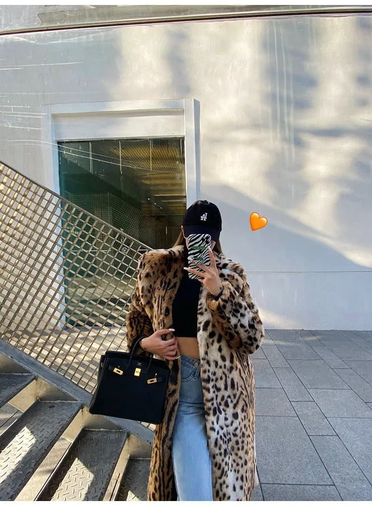 Winter Leopard Print Faux Fur Coat