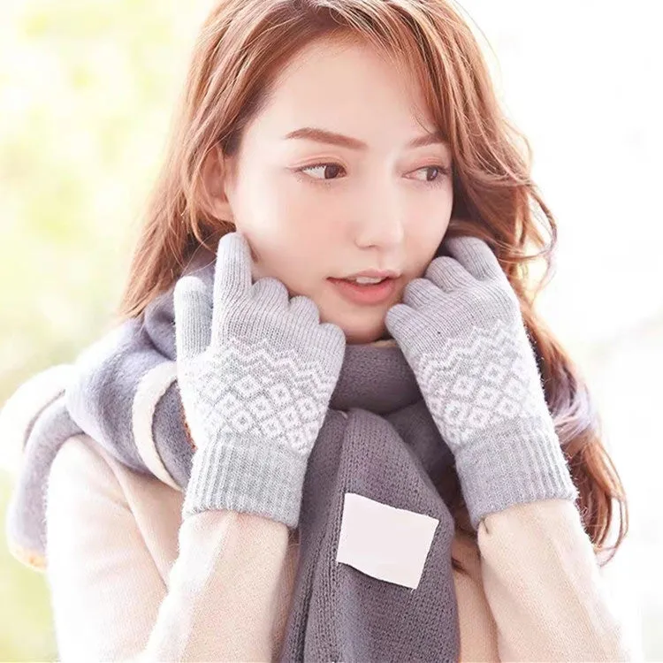 Winter Touch Screen Gloves Women Men Warm Stretch Knit Mittens Imitation Wool Thicken Full Finger Gloves(A-Navy Blue)