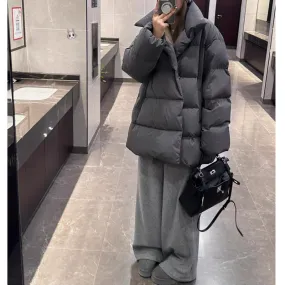 Wjczt cold weather outfits Winter Loose Korean Style Large Lapel Thickened Warm Mid-Length Gray Bread Cotton-Padded Coat