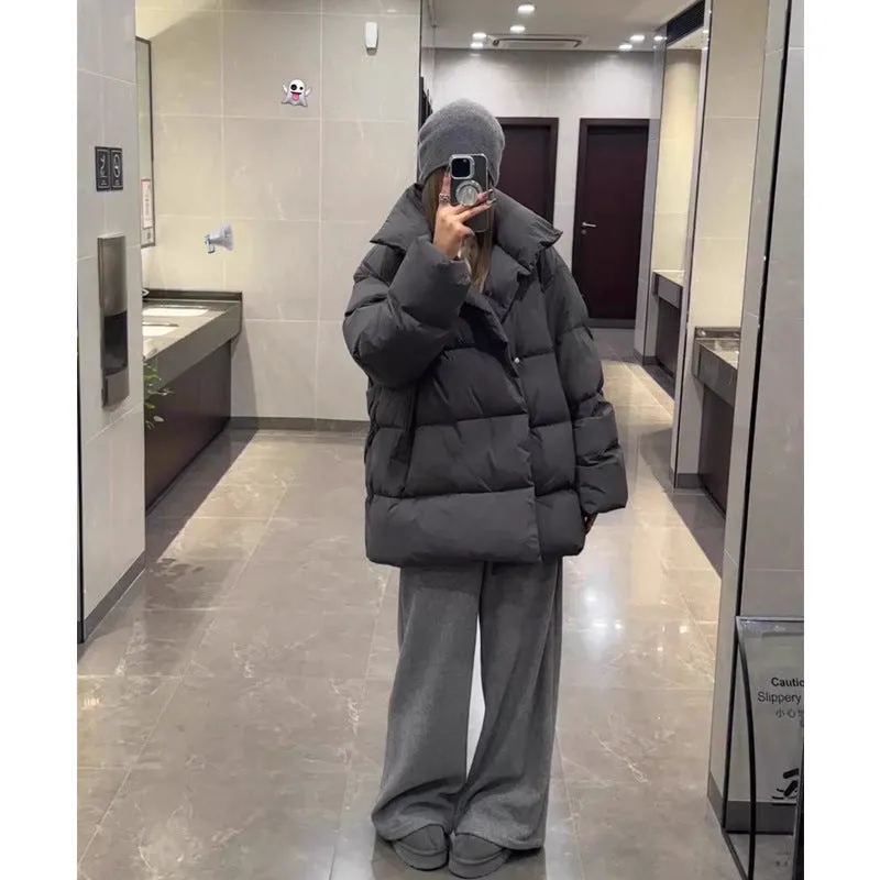 Wjczt cold weather outfits Winter Loose Korean Style Large Lapel Thickened Warm Mid-Length Gray Bread Cotton-Padded Coat