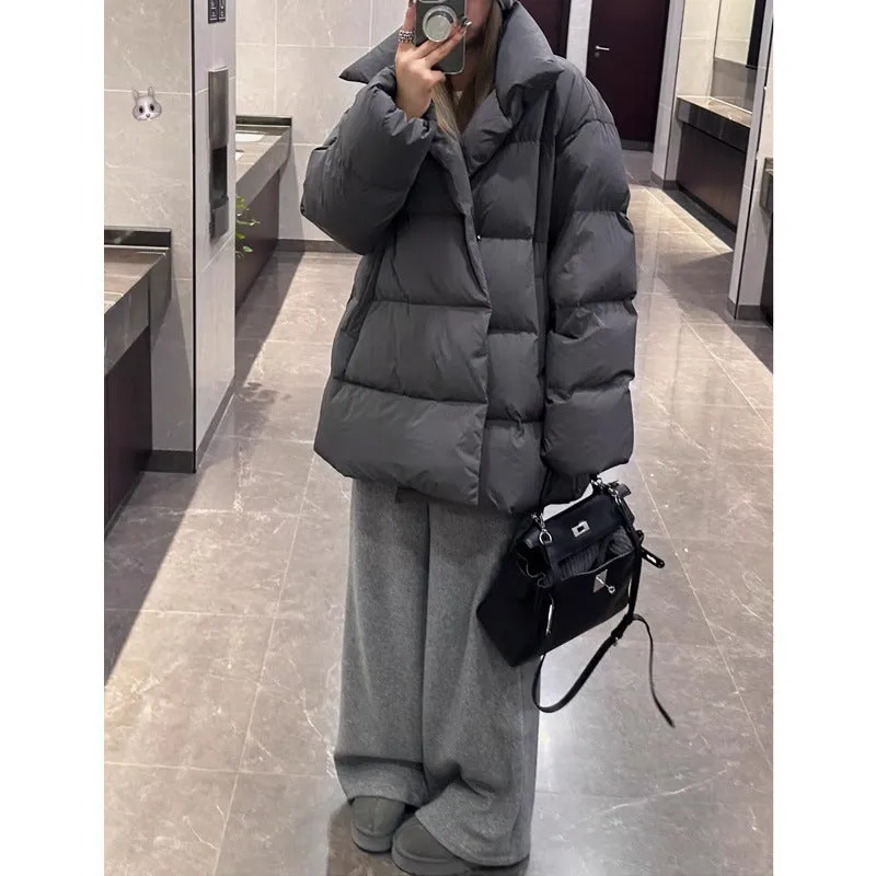 Wjczt cold weather outfits Winter Loose Korean Style Large Lapel Thickened Warm Mid-Length Gray Bread Cotton-Padded Coat