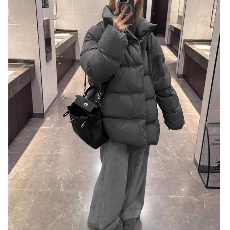 Wjczt cold weather outfits Winter Loose Korean Style Large Lapel Thickened Warm Mid-Length Gray Bread Cotton-Padded Coat