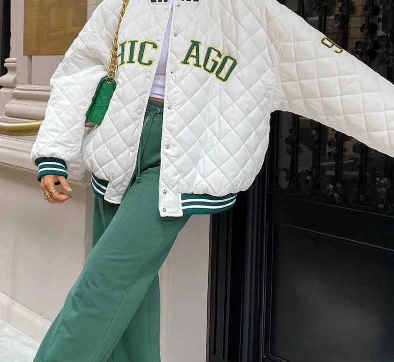 Wjczt Y2k Green Print Fashion Baseball Bomber Coat 2022 Autumn Winter Oversized Patchwork Jacket Varsity Women Casual White