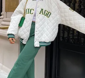 Wjczt Y2k Green Print Fashion Baseball Bomber Coat 2022 Autumn Winter Oversized Patchwork Jacket Varsity Women Casual White