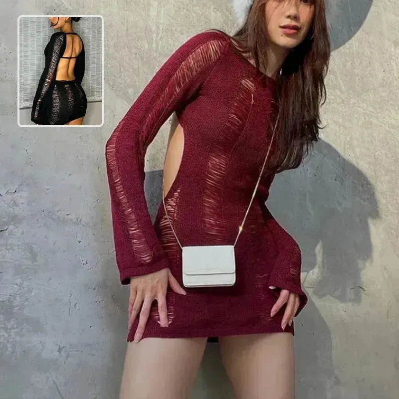 Women Fashion Slim Fit Hollow Long Sleeve Dress Y2K Charming Backless Hip-hugging Short Mini Suspender Dresses for Club Party