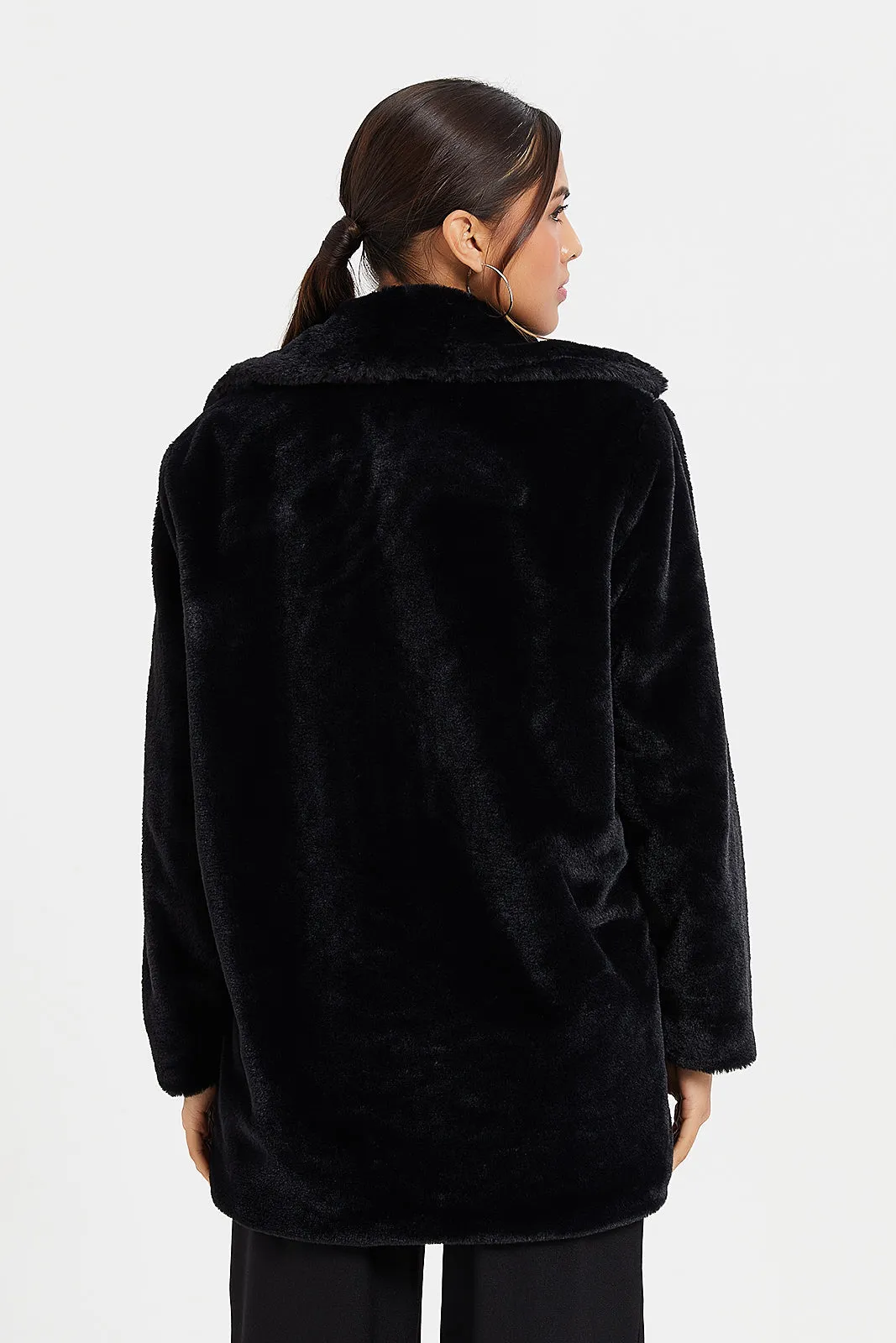 Women Plain Black Long Fur Jacket