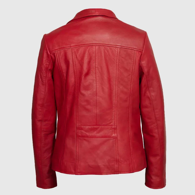 Women Red Leather Biker Jacket High Quality