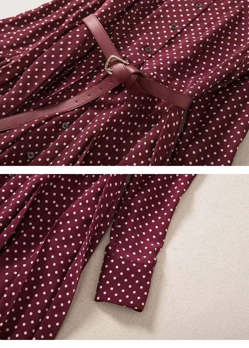 Women's Elegant Pleated Wine Red Polka Dots Retro Dress