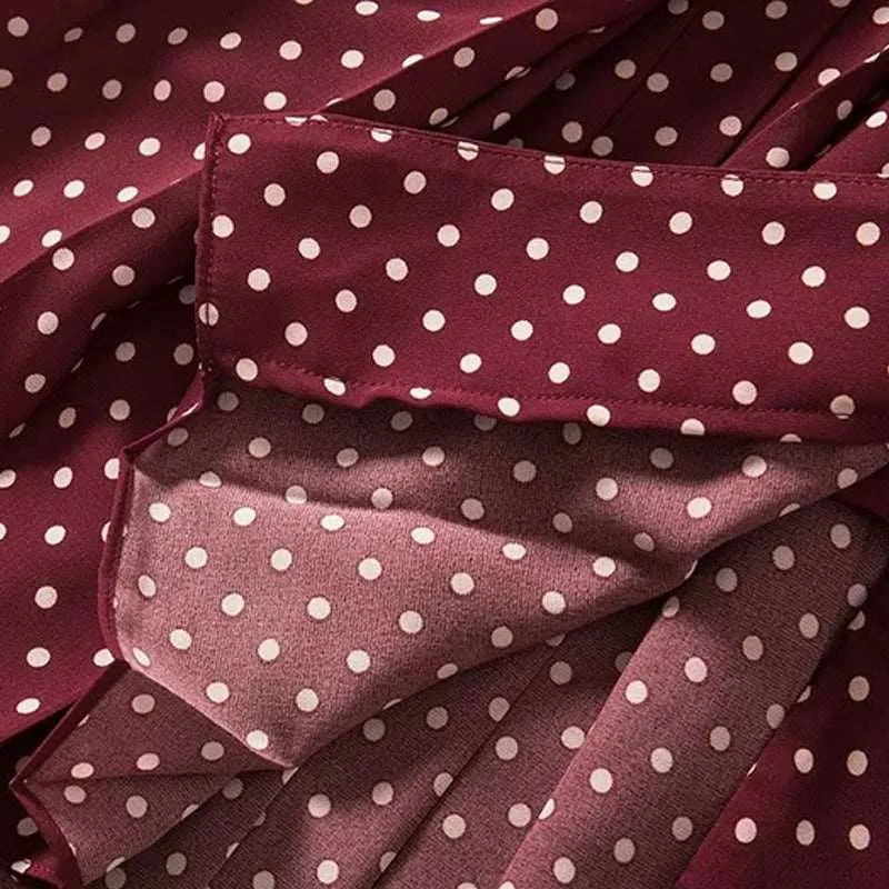 Women's Elegant Pleated Wine Red Polka Dots Retro Dress