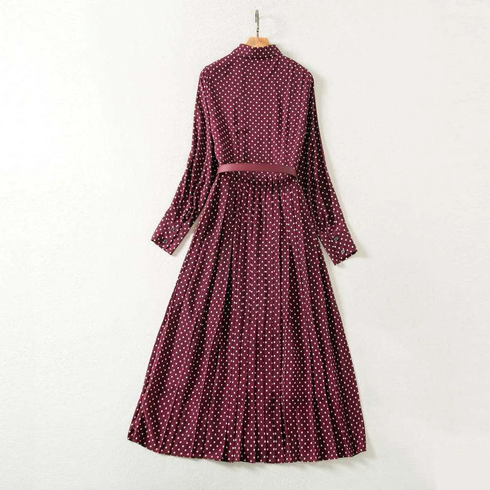 Women's Elegant Pleated Wine Red Polka Dots Retro Dress