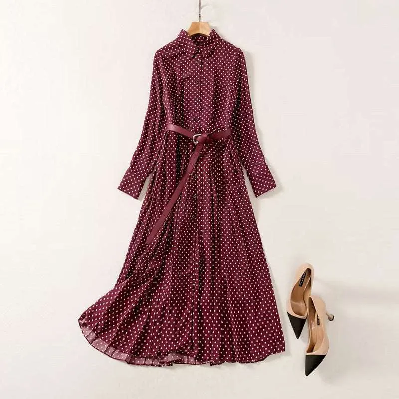 Women's Elegant Pleated Wine Red Polka Dots Retro Dress