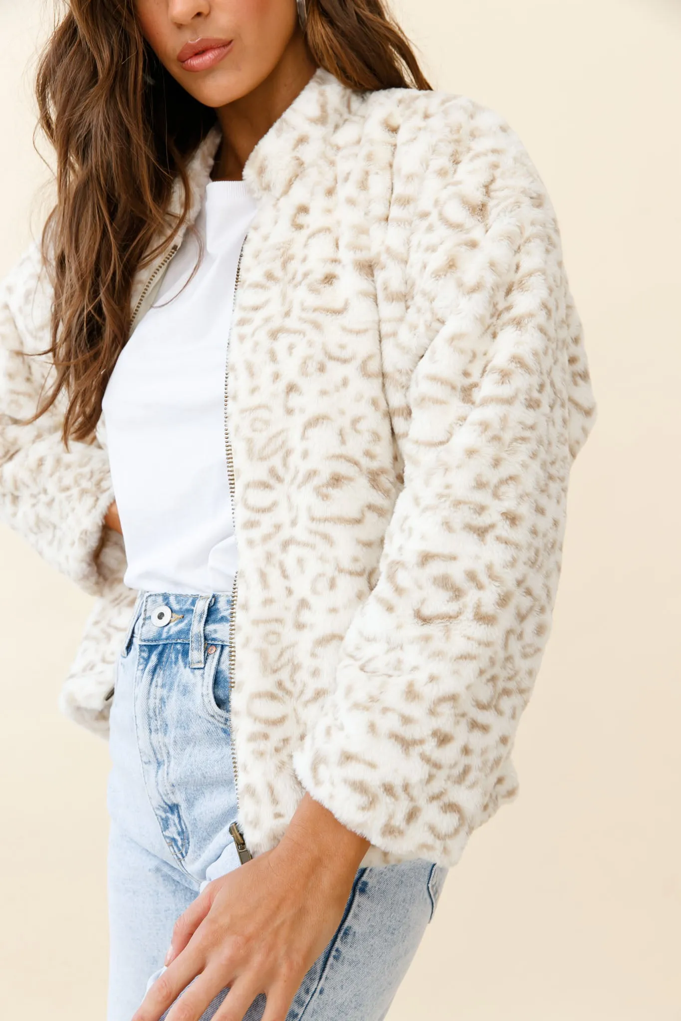 Wyoming Front Pocket Printed Fur Jacket White/Beige