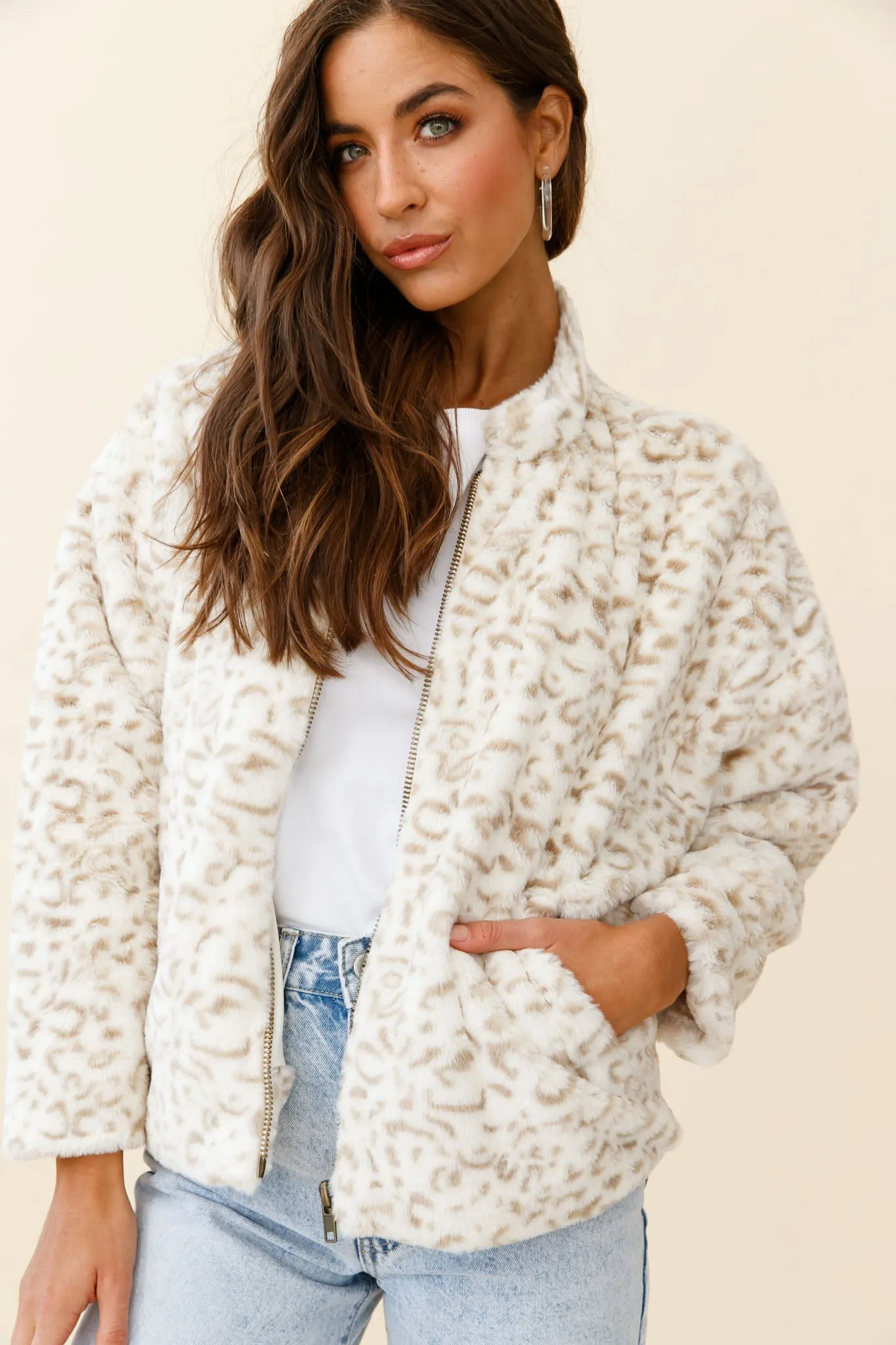 Wyoming Front Pocket Printed Fur Jacket White/Beige