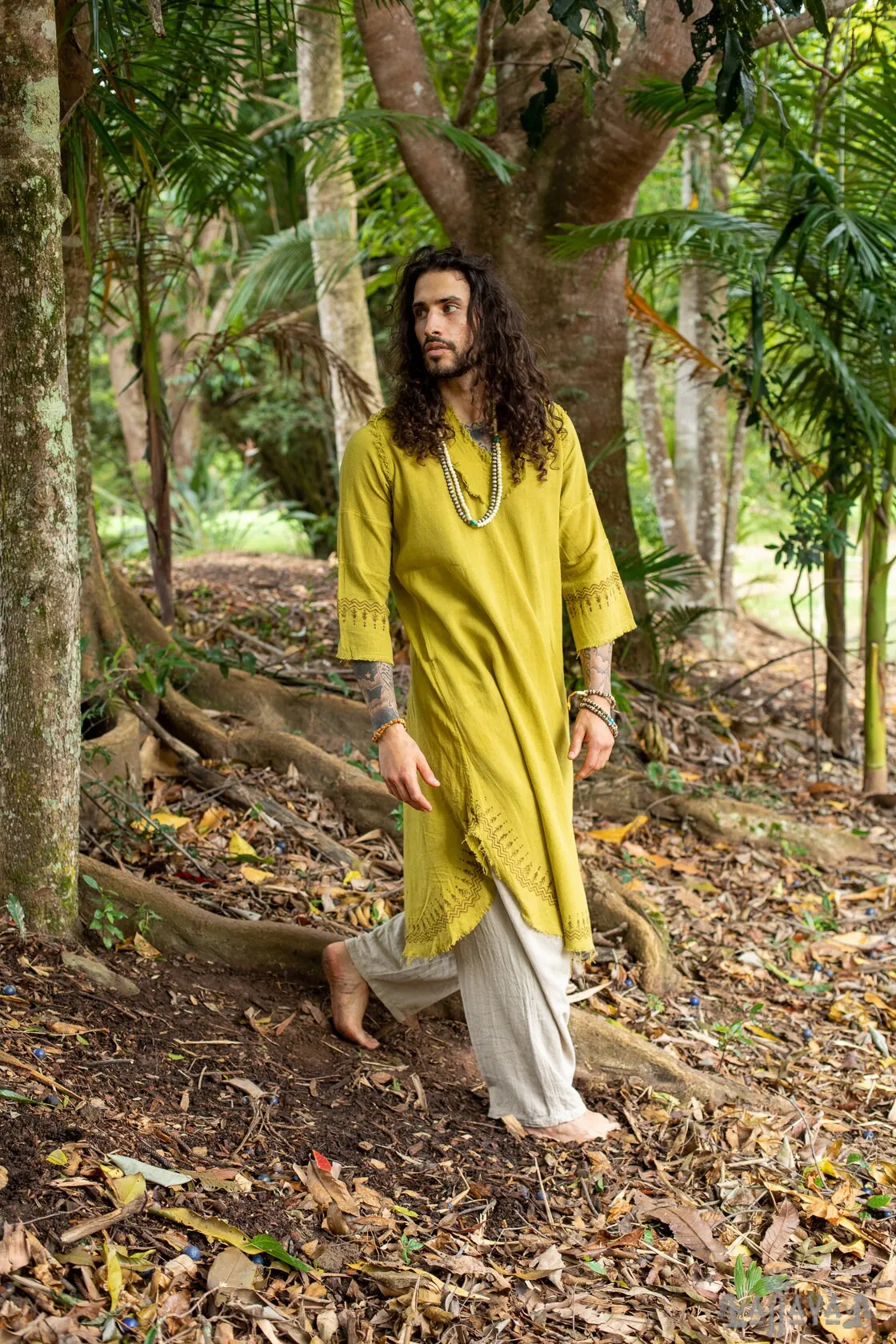 YOSEPH Yellow Aramaic Gown Kurta Long Top Mens Dress Shirt Biblical Natural Cotton Handwoven Block Print Natural Plant Dye Ceremony AJJAYA