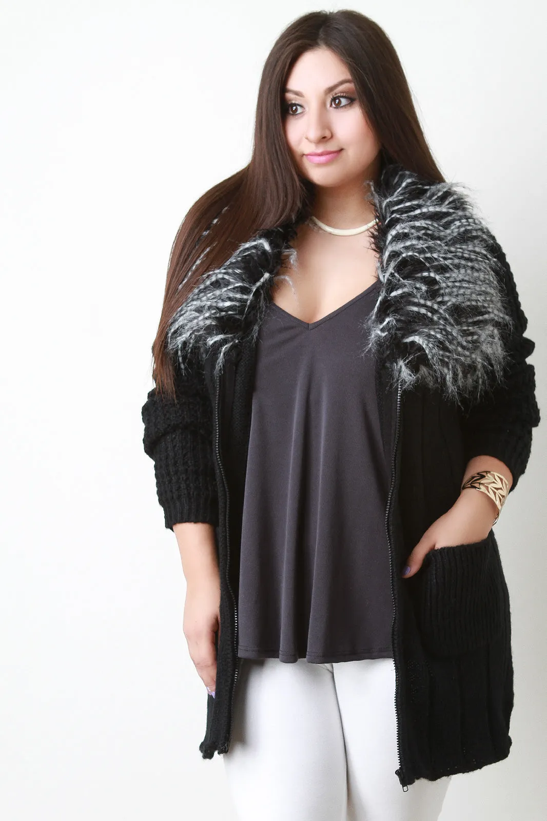 Zip-Up Faux Fur Collar Chunky Cardigan